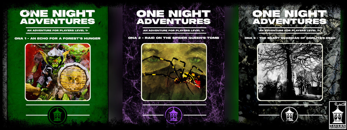 Three ttrpg module covers for One Night Adventures: ONA 1 - An Echo for a Forest's Hunger on green, ONA 2 - Raid on the Spider Queen's Tomb on purple, and ONA 3 - The Silent Guardian of Görlitz's Dead on black, shown side by side.