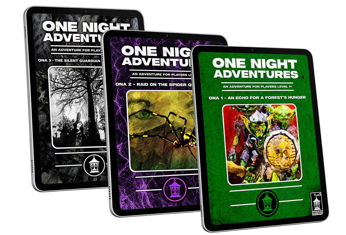 Three ttrpg adventure covers for One Night Adventures are shown overlapping.. The covers are designed to look like they are displayed on tablets and each features different cover art: a black-and-white forest scene, a purple spider illustration, and a green fantasy scene with an armed goblin.