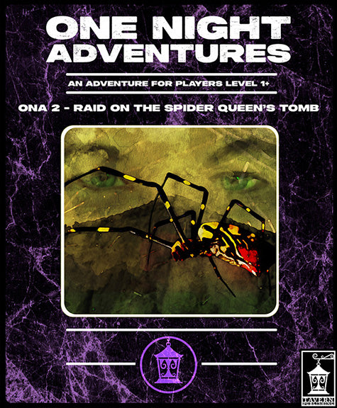 Cover art for a tabletop gaming adventure titled "One Night Adventures: Raid on the Spider Queen's Tomb," with a purple marbled background, large white title text, a central framed illustration of a spider over green eyes, and a small logo at bottom right.